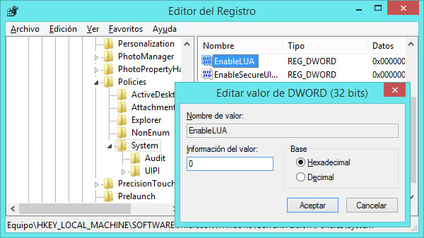 Regedit Control de Usuario