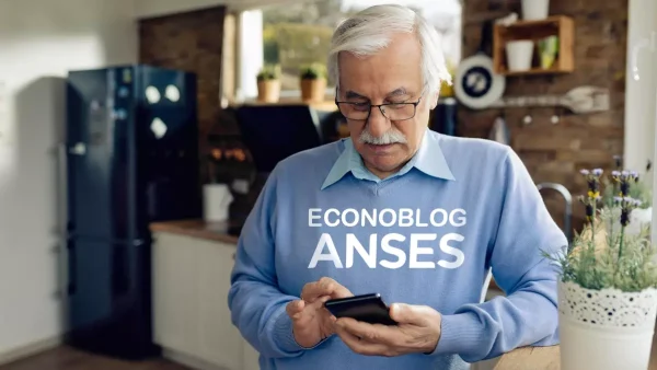 Jubilado de Anses leyendo su teléfono celular