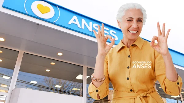 Jubilada feliz en la oficina de Anses