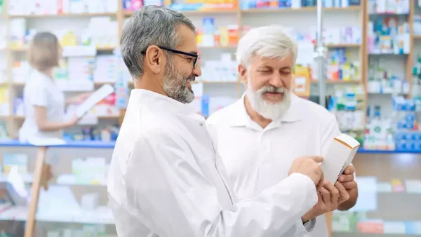 Jubilado comprando en la farmacia