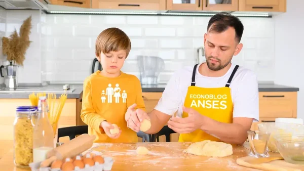 Padre de la AUH cocinando con delantal de Anses