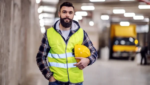 Trabajador del Plan Volver al Trabajo con casco en la mano