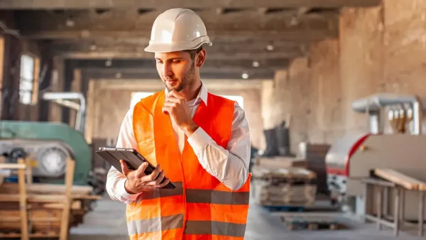 Trabajador con casco y una tablet