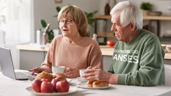 Jubilados de la Anses comiendo frente a una computadora