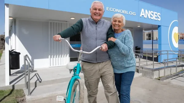 Jubilados con una bicicleta en la oficina de Anses