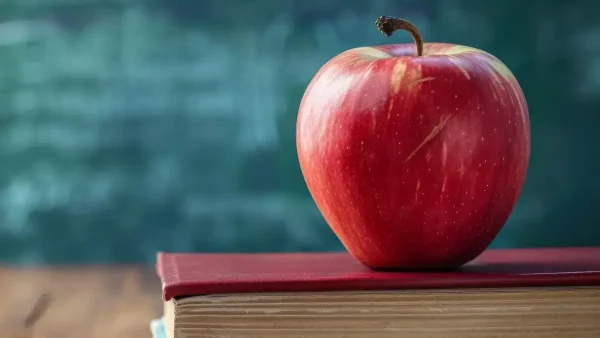 Manzana sobre un libro en una escuela