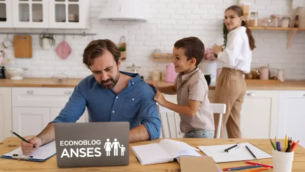 Familia del SUAF con computadora de Anses