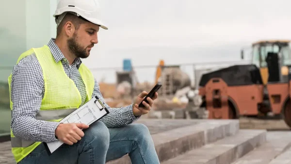 Trabajador de la construcción con su celular