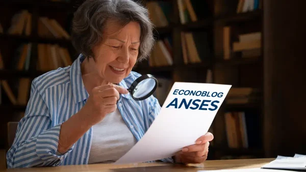 Jubilada leyendo un papel de Anses con una lupa