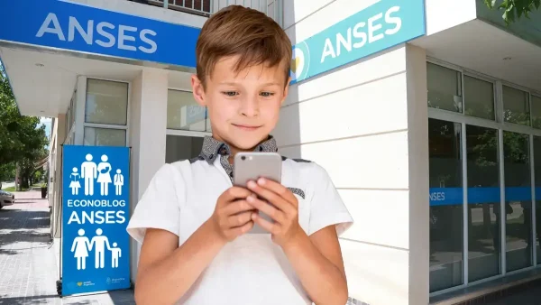 Niño con celular junto a cartel de Anses para AUH y SUAF