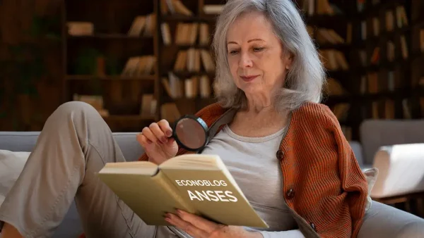 Jubilada leyendo un libro de Anses con una lupa