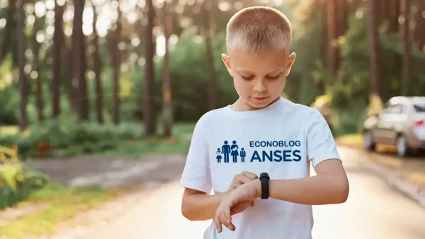 Niño de la AUH con un reloj y remera de Anses