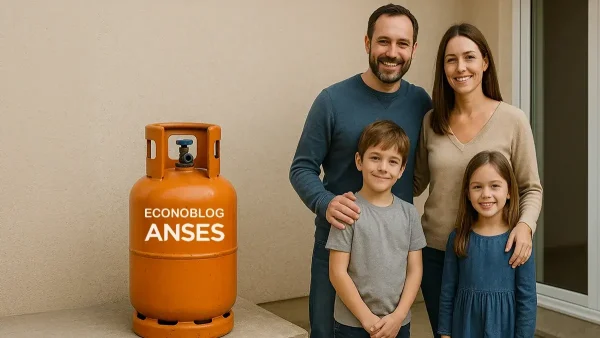 Familia junto a garrafa del Plan Hogar de Anses