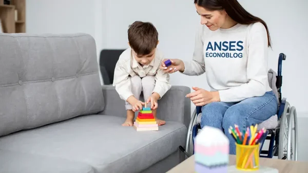 Beneficiaria de PNC con buzo de Anses y su hijo