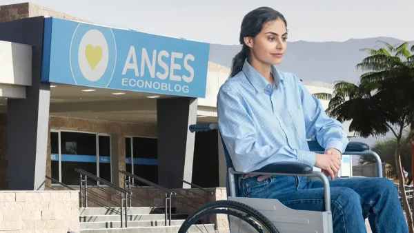 Mujer de PNC en silla de ruedas frente a Anses