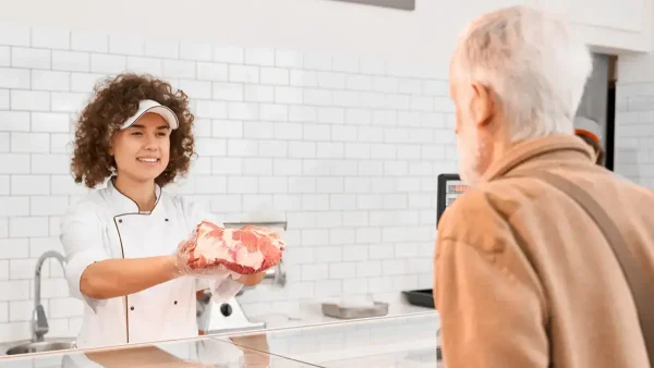 Jubilado comprando carne en una carnicería
