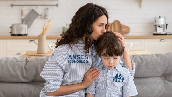 Madre e hijo con camisas de Anses y AUH