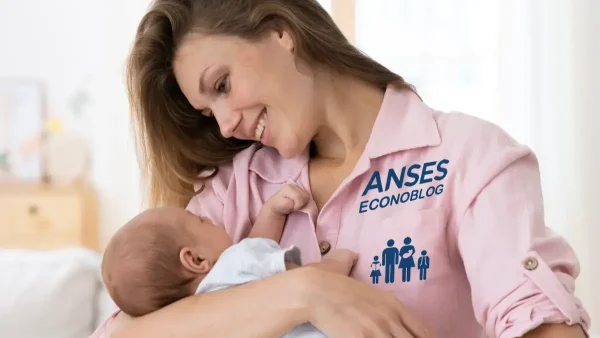 Bebé y su madre con camisa de Anses para AUH