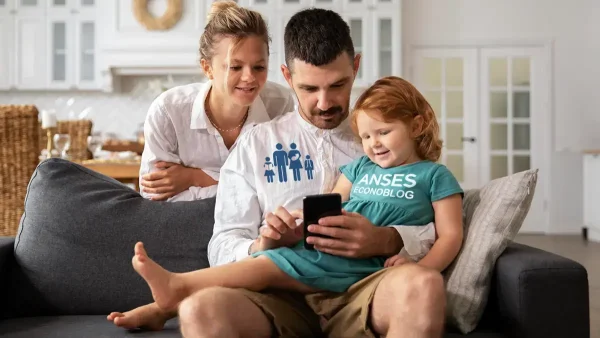 Una familia de la AUH con su celular y vestido de Anses