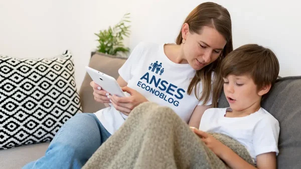 Madre de la AUH con remera de Anses y celular