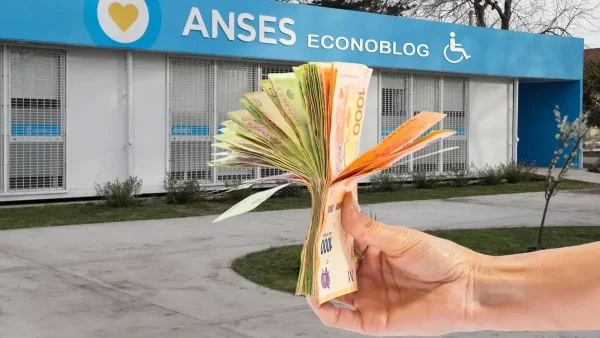 Pesos frente a cartel de Anses para PNC