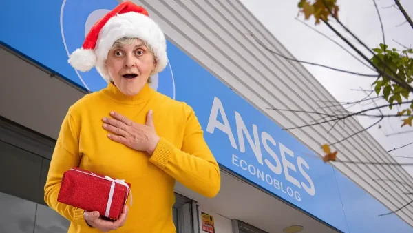 Jubilada con gorro de navidad en Anses